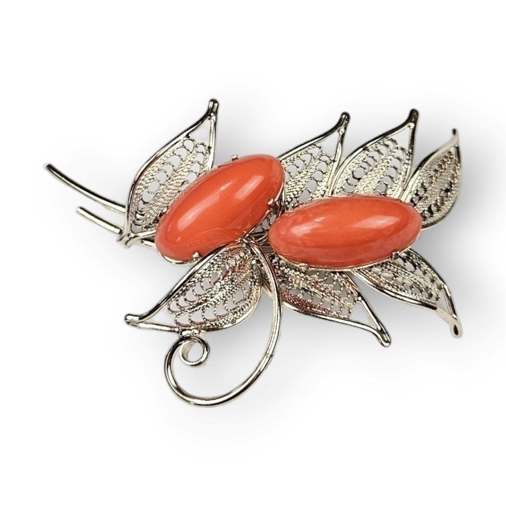 Vintage Berry Leaf Brooch Filigree Salmon Lucite Cabochon Pale Gold Tone 2.5"